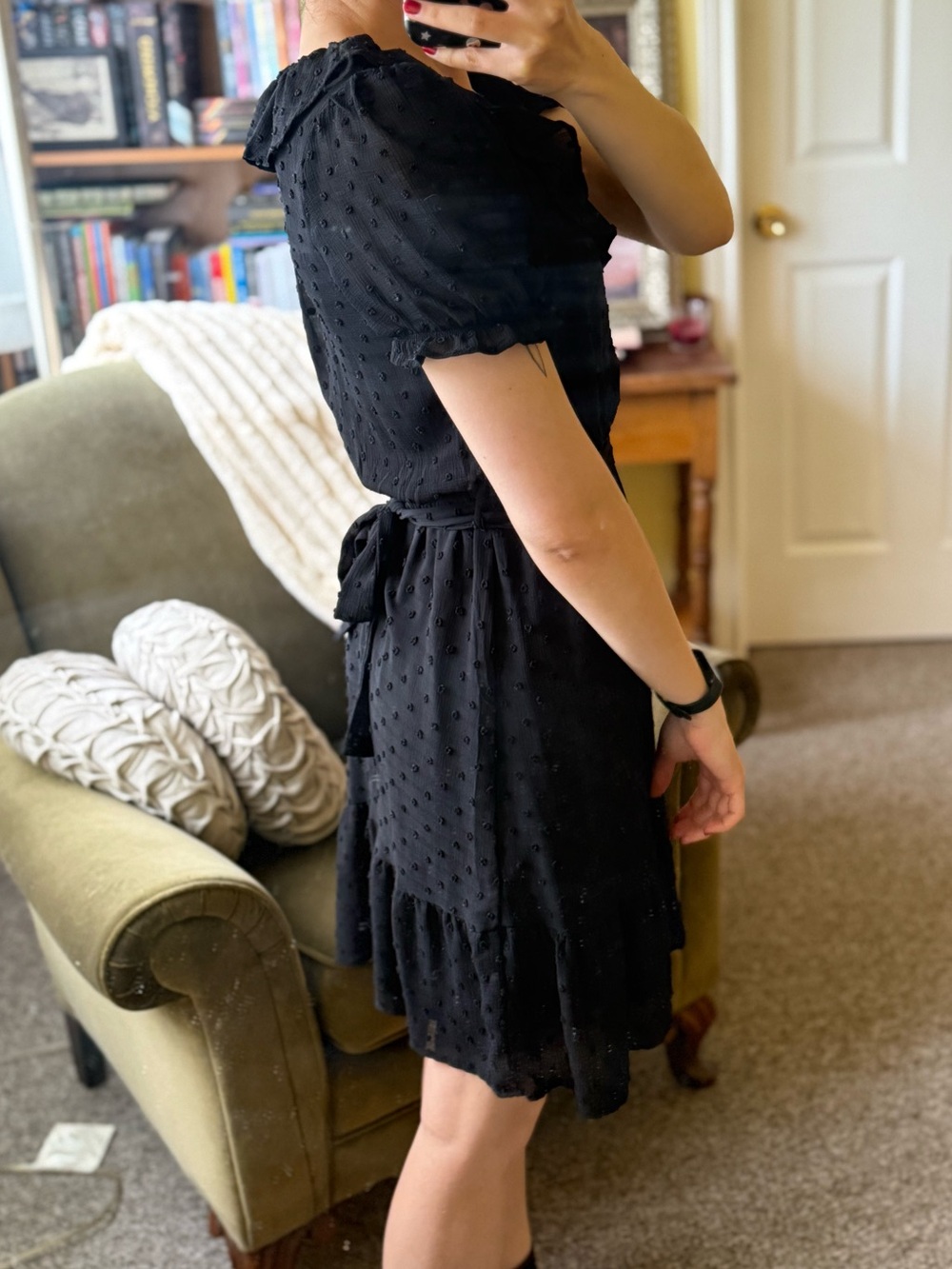 Black Ruffled Swiss Dot Mini Dress - Picture 2 of 9
